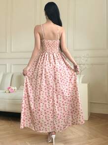 Modelyn 女式夏季度假花卉印花撞色系带装饰腰长吊带连衣裙 - 紫色 - 查看 2