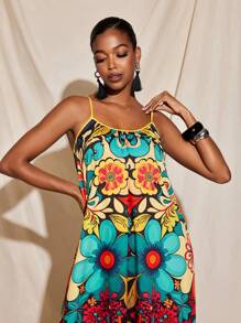 JIAN LASALA Boho All-Over Printed Spaghetti Straps A-Line Oversized Maxi Dress Women Vacation Summer Dress Women Birthday Outfit Women Dresses Elegant Gown Women Summer Clothing Beach Vacation Outfits European Summer Going Out Hawaii Outfits Women Ankara Dress Resort Wear Flowy Dress Vintage Homecoming Formal Dress Wedding Guest Dress Women - Multicolor - View 4
