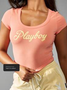 Missguided x Playboy Curve Hugging Baby Tee Crop Top Fitted Scoop Neck Short Sleeve Cotton Blend Summer Essential Athletic Lounge Active Wear