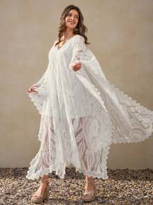 Wildy Đầm ren dài lãng mạn phong cách Bohemian mùa hè dành cho nữ, thích hợp cho kỳ nghỉ, đầm trắng nữ, đầm chống nắng cỡ lớn nữ, đầm sinh nhật trắng, đầm tốt nghiệp trắng, đầm cưới trắng, đầm phù dâu, trang phục Boho nữ, đầm Kaftan. - Màu be - Xem 3