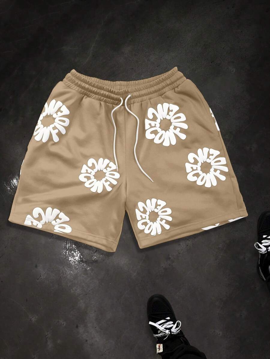 Manfinity EMRG Men's Summer Casual Street Style Letter Print Drawstring Waist Loose Shorts - Khaki - View 1