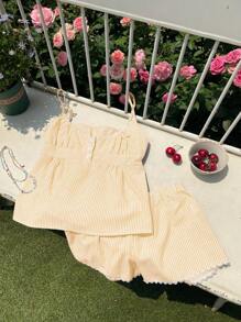 Comfortcana Bộ đồ nữ 2 mảnh áo hai dây kẻ sọc và quần short, kỳ nghỉ hè - Màu vàng - Xem 4