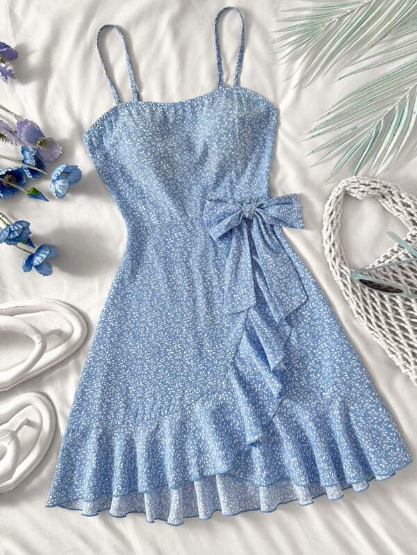 SHEIN Vestido corto sin mangas con volantes en el bajo para adolescentes con estampados de puntos, corazones y flores diminutas - Vestido casual y holgado estilo línea A para playa y vacaciones de verano