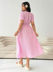 Solflare Spring/Summer Plus Size Pink Plaid Print Long Dress,Sun Dresses For Women - Pink - View 2