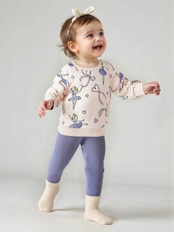 SHEIN Playful Pals 2pcs Set Baby Girls Infant Casual Cute Daily Versatile Ballet Girl Bow Pattern Soft Knit Round Neck Pullover Sweatshirt Tee Shirt And Slim Fit Pants In Purple, Autumn/Winter Outfit