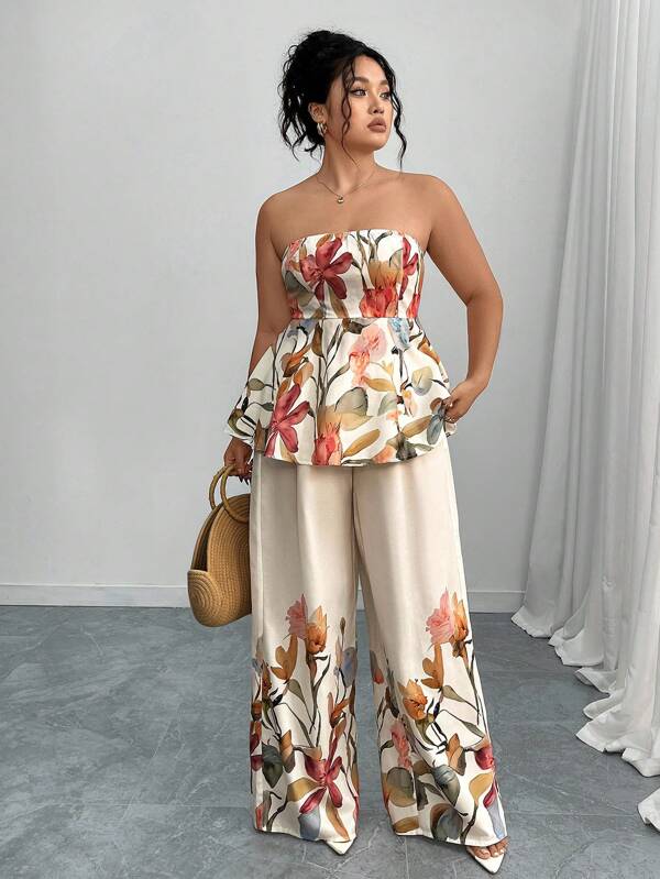 Elenzga 2 pezzi/set Tuta estiva di taglie grandi, elegante e casual, con top senza maniche a fantasia floreale e pantaloni dritti e morbidi