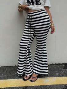 POPSWAY New Retro American Style Vacation Striped Relaxed High Waist Slimming Flare Pants, Casual & Versatile Wide Leg Trousers For Women Fall Cloth For Women