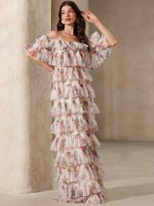 Aveloria Rosie Rose Garden-Style Pink Mesh Laser Cut Maxi Dress, Off Shoulder Tiered Ruffle Hem, 3D Mesh Fabric For Elegant Look, Waisted Design Highlights Curves, Suitable For Travel, Vacation, Parties