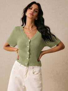 Poéselle 女式休闲纯色V领短袖针织上衣 - 薄荷綠 - 查看 6