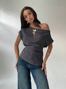 Aloruh Women's Asymmetric Collar Solid Color Batwing Sleeve Fashion Shirt, Summer - Dark Grey - View 4