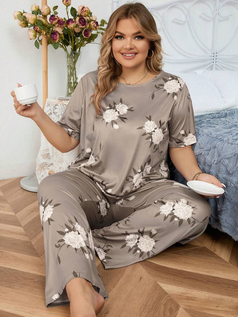 SHEIN Plus Size Short-Long Gray Floral Milk Silk Knitted Pajama Set, Outfits - Multicolor - View 1