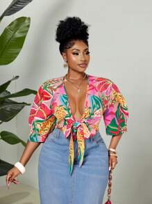 Maweii 大码女式夏季休闲宽松热带花卉印花深 V 领泡泡袖前结短款衬衫