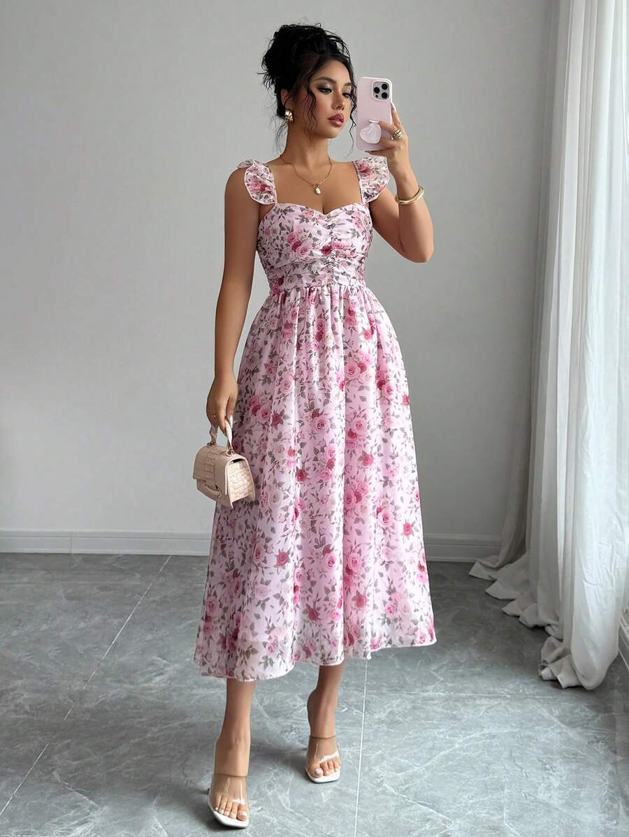 Elenzga Vestido de vacaciones romántico para mujer, vestido sin mangas con tirantes de espagueti, volantes en la espalda y estampado floral diminuto para el verano