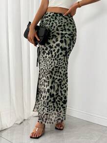 Chiquease Falda elegante de mujer de gasa con estampado de leopardo y cordón en la cintura con abertura