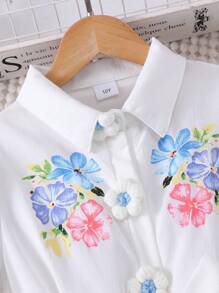 SHEIN Tween Girls' Floral Print Collar Button-Up Puff Sleeve Dress With Belt, Filipiniana Terno - White - View 6