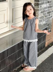 SHEIN Young Girls Casual Black & White Plaid A-Line Woven Vest & Pants Set - Multicolor - View 6