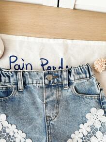 Quần short denim xanh cho bé gái có viền ren hoa, trang phục thường ngày cho kỳ nghỉ mùa xuân và mùa hè ở nông thôn - Rửa nhẹ - Xem 3