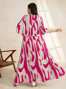 Chikora 大码女式几何优雅雪纺荷叶边飘逸连衣裙，夏季 - 玫紅色 - 查看 2