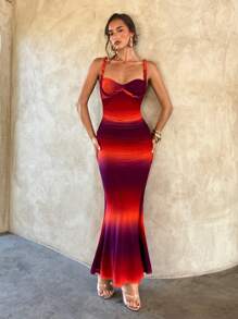 Aloruh 女士春夏海滩音乐节扎染印花网眼扎染编织肩带扭纹胸罩性感紧身美人鱼连衣裙