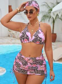 Swim SXY 大码女式三件套随机印花抽绳泳衣套装，带透明裹身裙，度假装