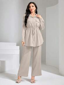 Graceveil 翻盖口袋抽绳腰衬衫和阔腿裤两件套