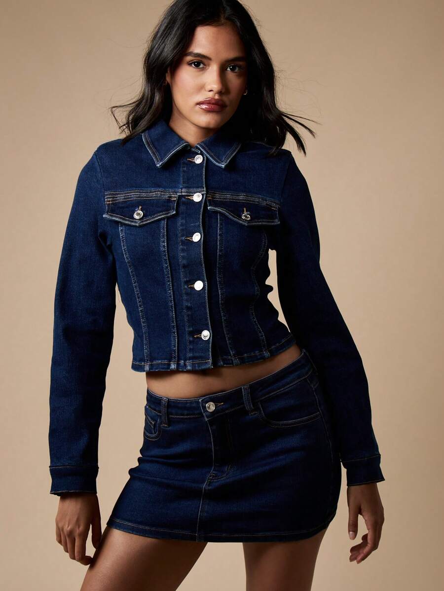 MISSGUIDED Cropped Denim Trucker Jacket Classic Fitted Button Front Long Sleeve Stretch Jean Jacket Retro Western Fashion Fall Winter Spring Outerwear - Blue - View 1