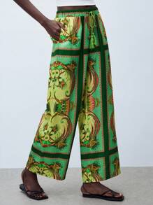 Maija 女式绿色松紧腰抽绳度假风满印花流苏口袋阔腿宽松裤，女式沙滩装，夏季 - 綠色 - 查看 6