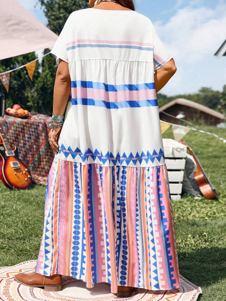 Plus Size Women Geometric Print Straight Dress, Fashion Western Style Vacation,Summer Outfits For Women,Vacation Outfits For Women,Holiday Outfits Boho,Music Festival Clothing