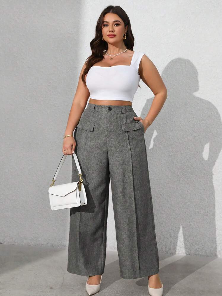 Vionelle Plus Size Women Solid Color Front Button Faux Pocket Casual Suit Pants Winter Fall Autumn - Dark Grey - View 7