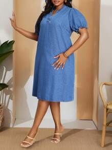 EMERY ROSE 大码休闲宽松牛仔短袖连衣裙，蓝色 - 藍色 - 查看 5