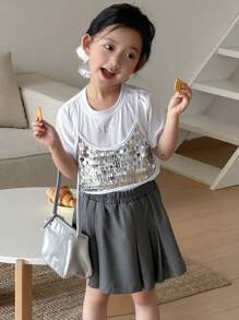 DAZY Set 2 buc/set pentru fete tinere, cu guler rotund și paiete, tricou cu mânecă scurtă și fustă plisată lejeră, ținute de vară pentru fete - Argint - Vizualizare 5
