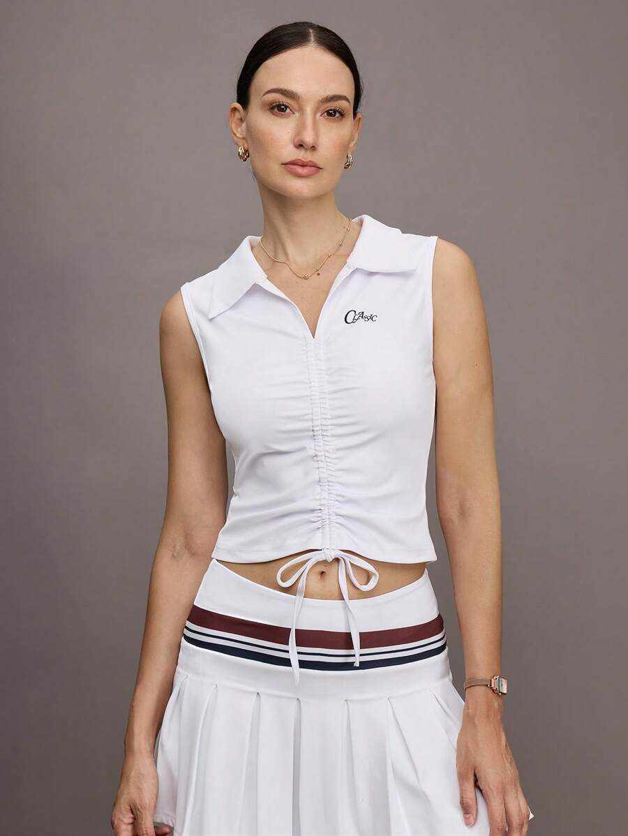 Activina 女式褶皱刺绣无袖运动 Polo 衫，夏季 - 白色 - 查看 1