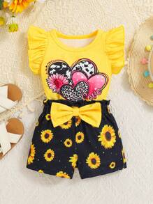 SHEIN Playful Pals 2pcs Baby Girl Spring/Summer New Cute Heart & Sunflower Print Flutter Sleeve Top And Bow Shorts Set - Yellow - View 2