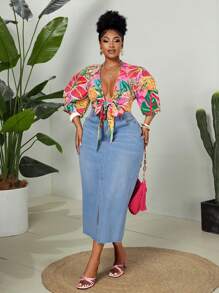 Maweii 大码女式夏季休闲宽松热带花卉印花深 V 领泡泡袖前结短款衬衫