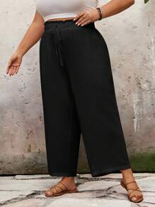 SHEIN CURVE+ Plus Size Casual Solid Color Loose Fit Long Pants Summer/Country/Beach Vacation - Black - View 5