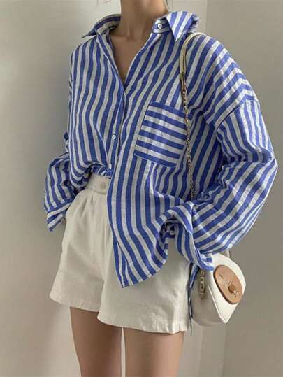SHEIN 蓝色条纹落肩长袖单排扣休闲夏季衬衫