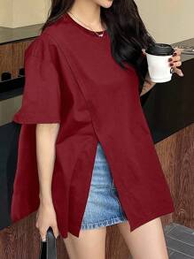 DAZY 女士夏季圆领宽松休闲开叉短袖T恤学院风上衣 - 酒紅色 - 查看 4