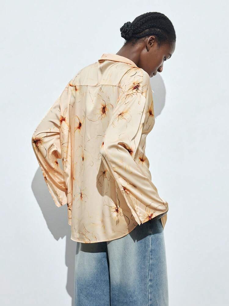 SHEIN Maija Ladies Yellow Floral Print V-Neck Summer Blouse, Elegant, Comfortable, Versatile