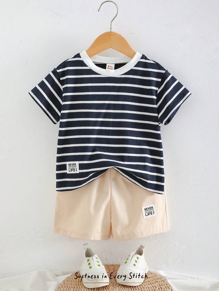 Cozy Pixies 2pcs/Set Baby Boys Decorative Woven Tag Colorful Striped Crew Neck Short Sleeve Drop Shoulder Top And Elastic Waist Shorts - Multicolor - View 1