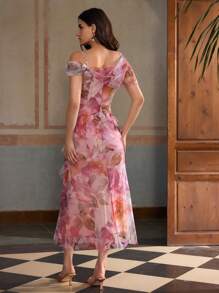 ZEYLAH Women's Floral Print Asymmetrical Shoulder Ruffle Hem Elegant Dress