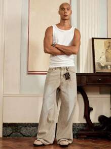 SWAVVY 男士休闲梭织宽松长裤，日常年轻休闲风格 - 卡其色 - 查看 6