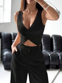 SHEIN EZwear 黑色休閒性感女款套裝，時尚適合夏季辦公室、夜晚外出、約會穿搭，秋冬女裝套裝 - 黑色 - 查看 4