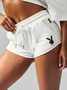 Missguided x Playboy Quần Short Thể Thao Chạy Bộ Quần Áo Thể Thao Mùa Hè Quần Áo Mặc Ở Nhà - trắng - Xem 5