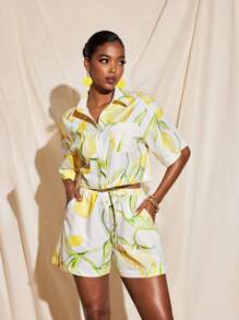 Becci Summer Fruit Lemon Printed Crop Blouse And Drawing String Elastic Waist Shorts Set