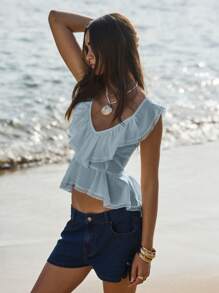 Aralina Ruffle Sleeveless Peplum Summer Vacation Blouse Lace Trim Top - Baby Blue - View 6