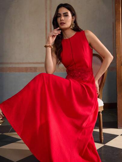 ZEYLAH Summer Vacation Round Neck Sleeveless Linen Long Dress