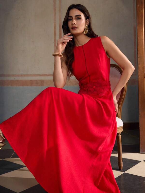 MOTF PREMIUM Summer Vacation Round Neck Sleeveless Linen Long Dress