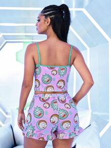 Rick and Morty X SHEIN Set da donna casual per l'estate composto da canottiera corta con stampa a cartoni animati e dettagli a contrasto, abbinato a pantaloncini larghi con coulisse in vita e tasche laterali - Multicolore - Visualizzare 2