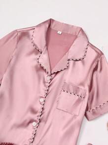 LuxeNights Conjunto de 3 piezas de pijama de seda sintética de unicolor con ribete de contraste y cuello de solapa, para vacaciones