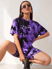 SHEIN EZwear Tie Dye & Letter Graphic Tee & Biker Shorts Set